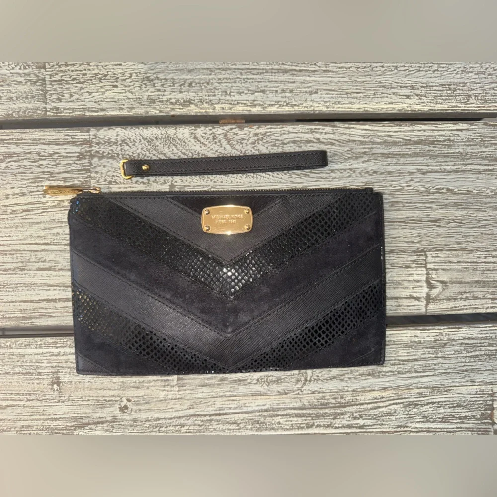 Michael Kors Jet Set black Saffiano textured black snake clutch, MK